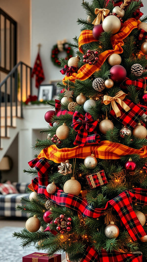 A beautifully decorated Christmas tree featuring layered plaid patterns and various ornaments.