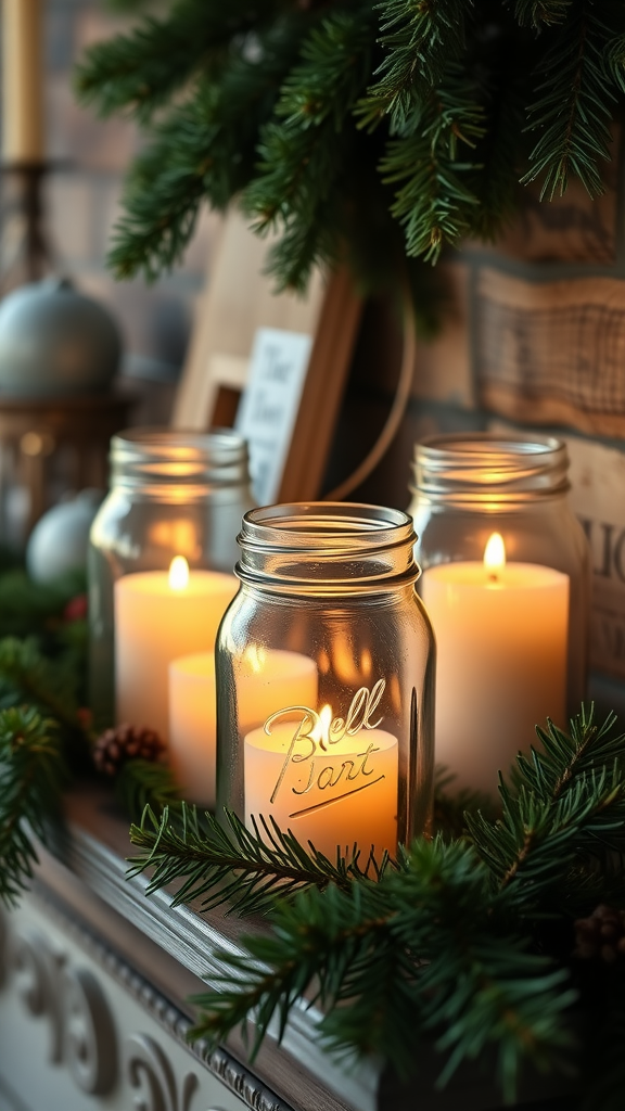 Mason jars with candles on a rustic Christmas mantle, surrounded by greenery and pinecones.