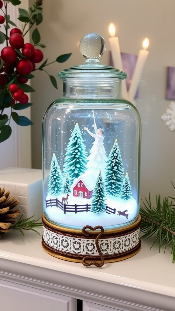 A decorative mason jar snow globe featuring a winter scene with a red house, pine trees, and a glowing ambiance.