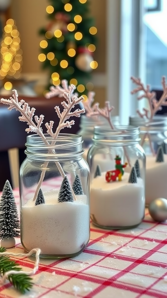 Mason jars filled with snow, mini trees, and festive decor, with a Christmas tree in the background.