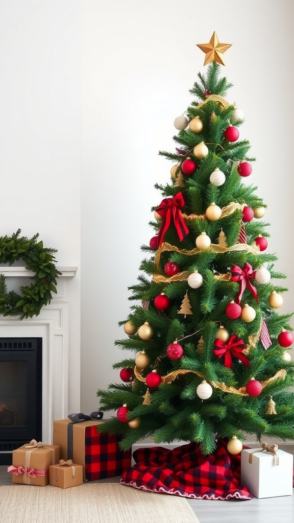 A beautifully decorated Christmas tree with red and gold ornaments, wrapped presents, and a Buffalo plaid tree skirt.