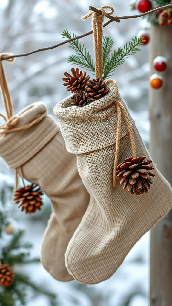 Two natural burlap stockings hanging with pine cones and twine.