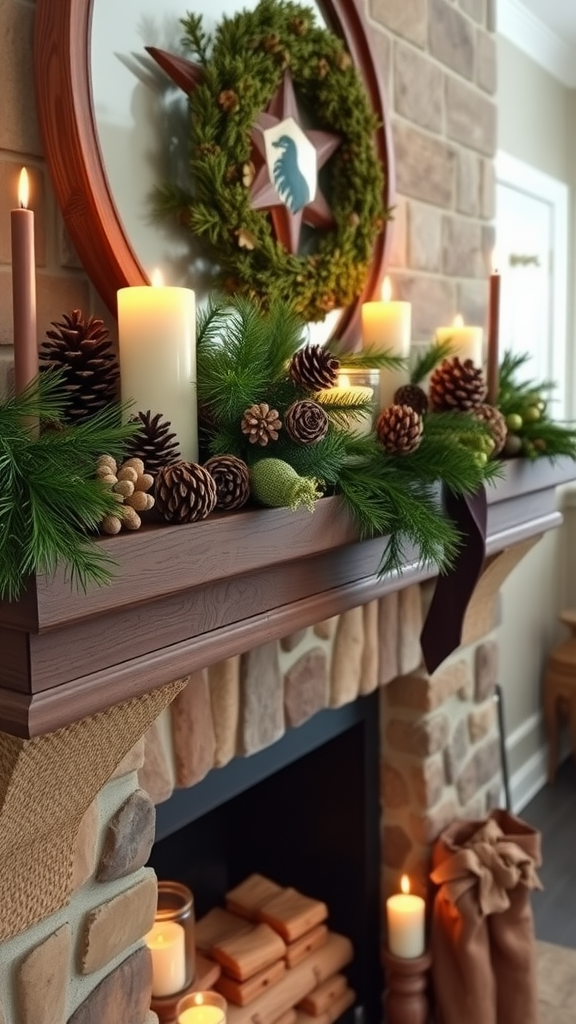 A rustic Christmas mantle decorated with pinecones, candles, and greenery.