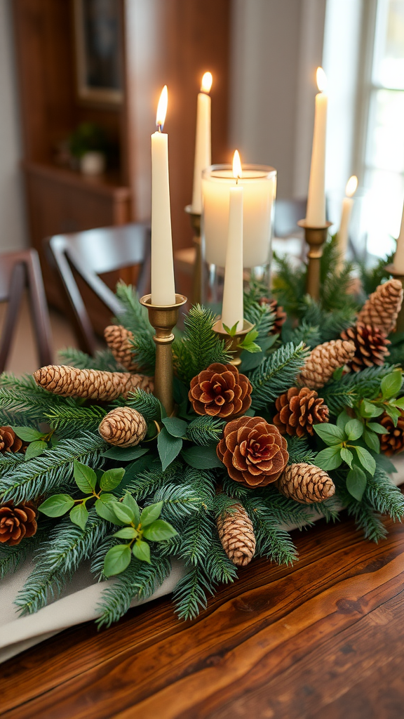 A festive table centerpiece featuring pinecones, greenery, and candles.