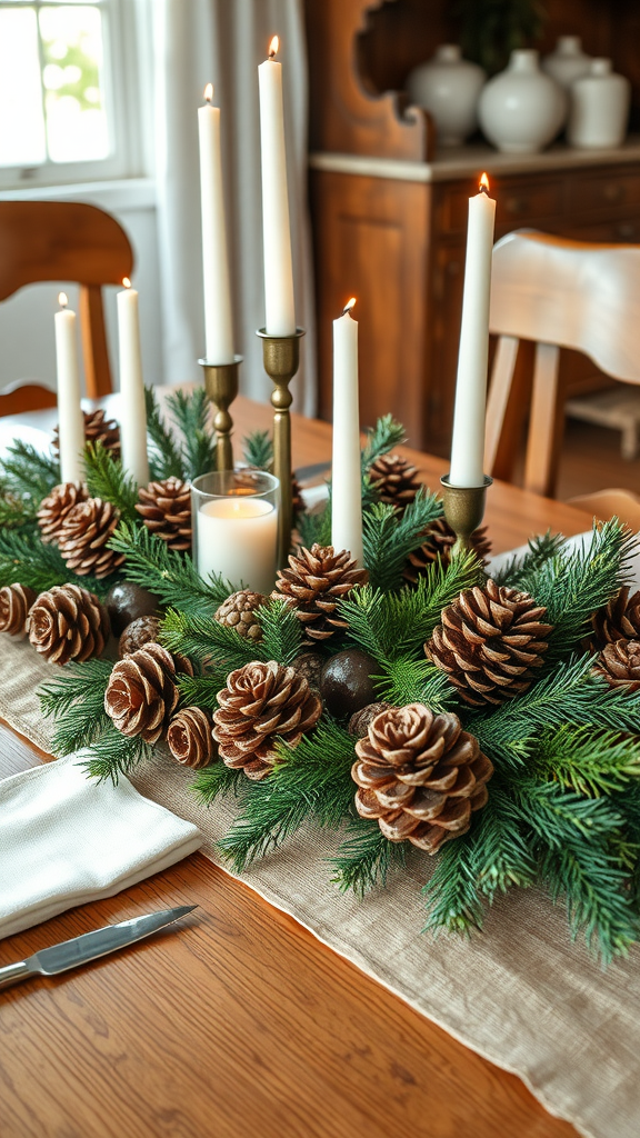 A beautiful table centerpiece featuring pinecones, greenery, and candles.