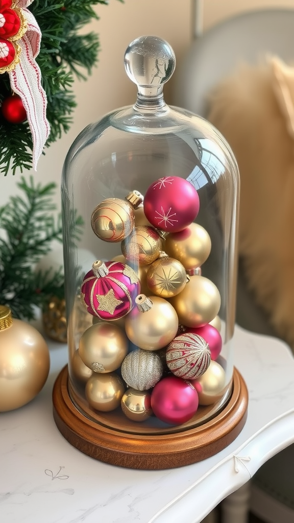 A glass cloche filled with gold, pink, and red Christmas ornaments on a table.