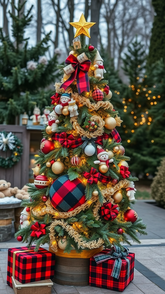 A beautifully decorated outdoor Christmas tree featuring Buffalo Plaid elements and festive ornaments.