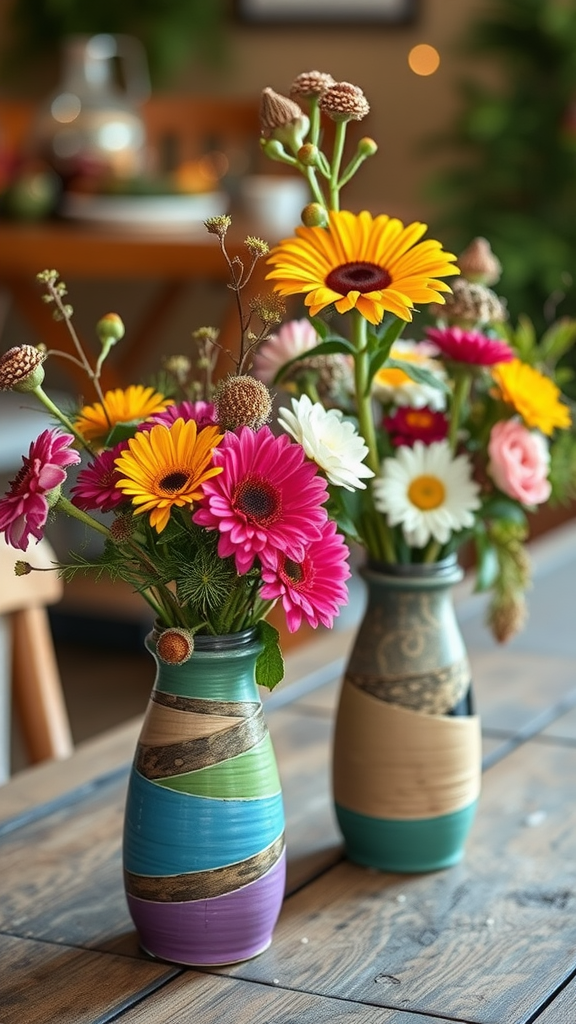 Colorful painted vases filled with flowers on a rustic wooden table