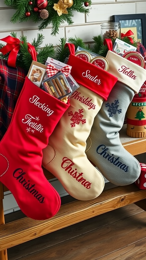 Personalized rustic Christmas stockings hanging with festive decorations