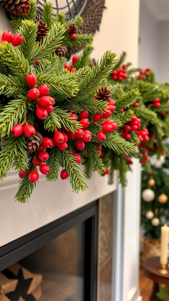 A close-up of a pinecone garland with red berries, draped elegantly over a fireplace mantel.