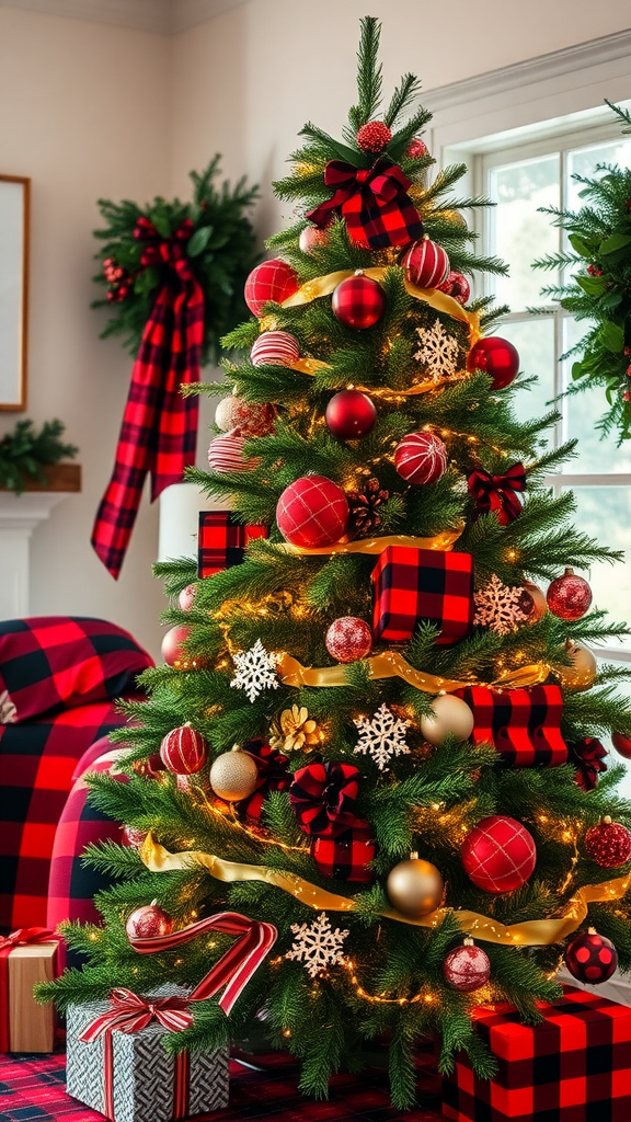 A beautifully decorated Christmas tree with red and black Buffalo plaid ornaments and ribbons, surrounded by gifts.