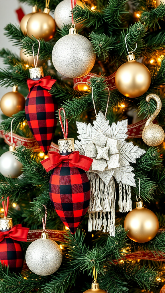 Buffalo plaid and metallic Christmas tree decorations