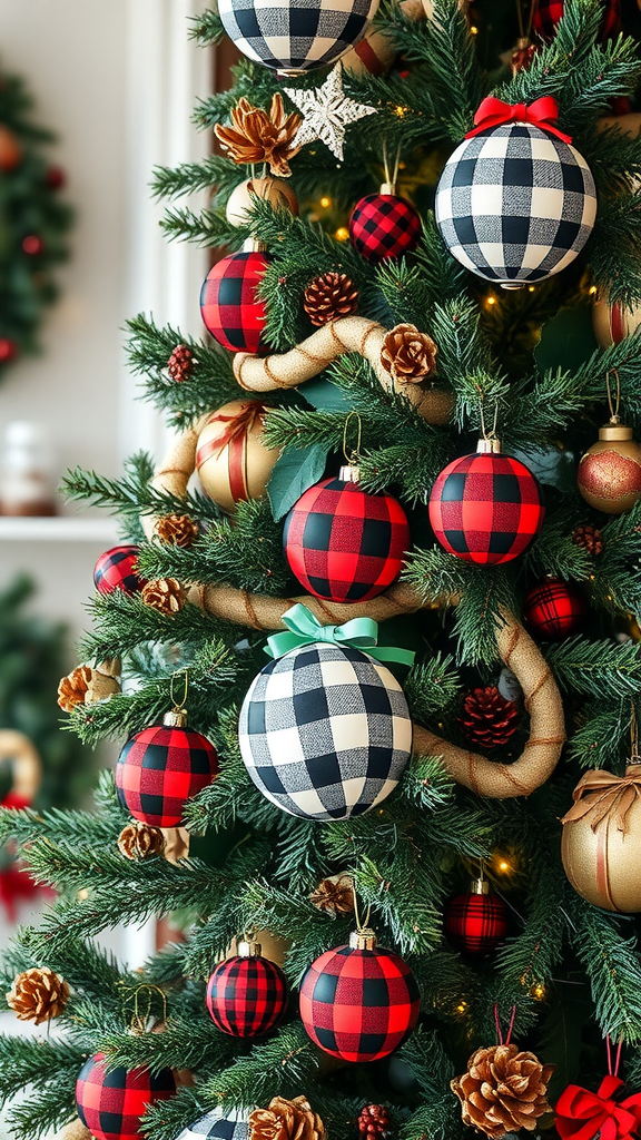 A beautifully decorated Christmas tree featuring Buffalo Plaid ornaments in red and black.