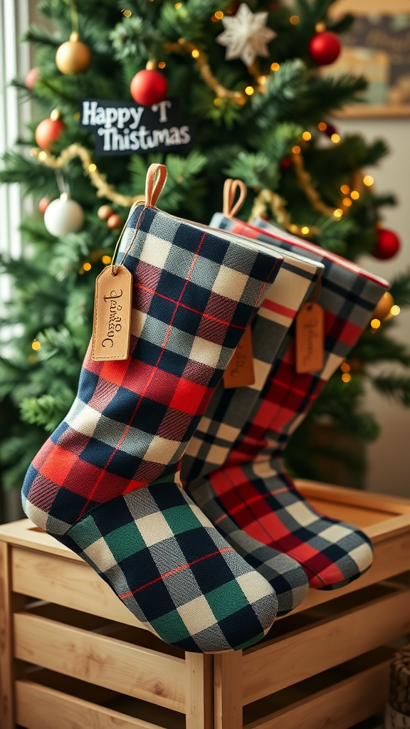 Plaid flannel stockings with leather accents, placed near a Christmas tree.