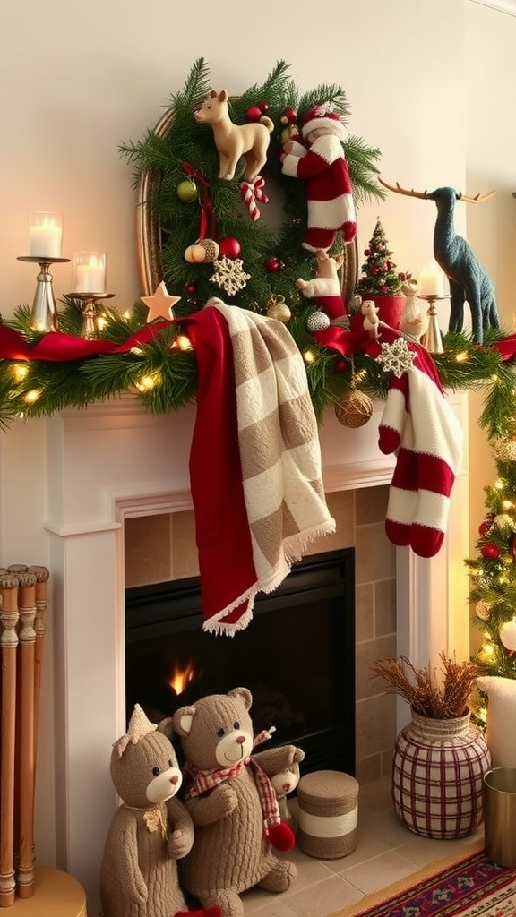 A beautifully decorated rustic Christmas mantle with festive ornaments and quilted elements, featuring stuffed animals and a warm color palette.