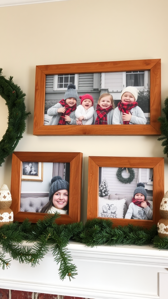 Three reclaimed wood picture frames displaying family photos with a rustic Christmas decor theme