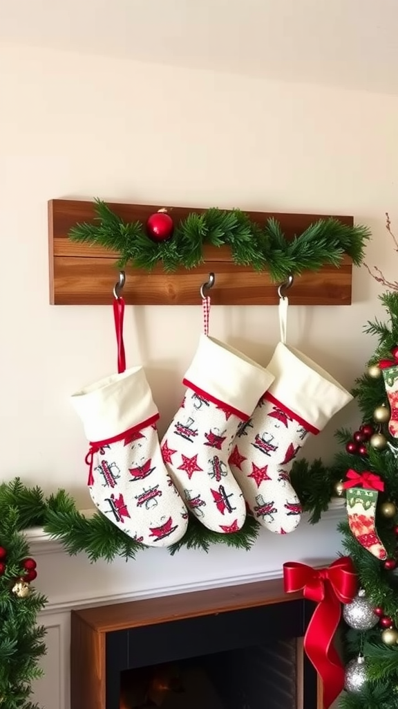 Reclaimed wood stocking holder with festive stockings and garland