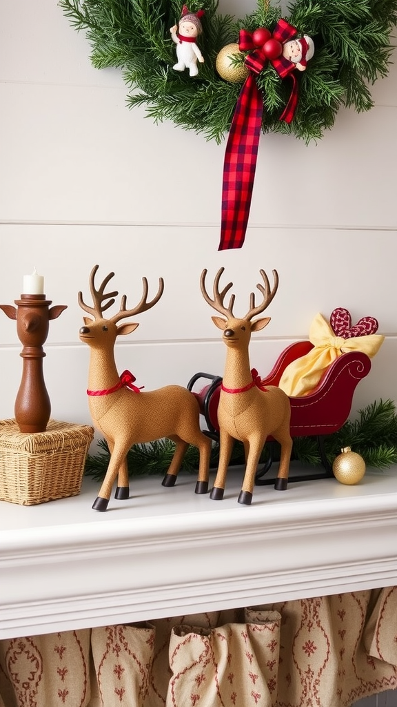 A festive mantle display featuring wooden reindeer, a red sleigh, and a green wreath with ornaments.