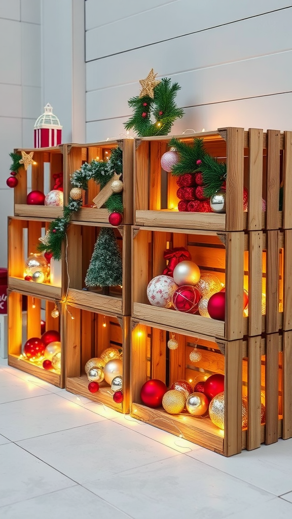 Decorated wooden crates with Christmas ornaments and lights