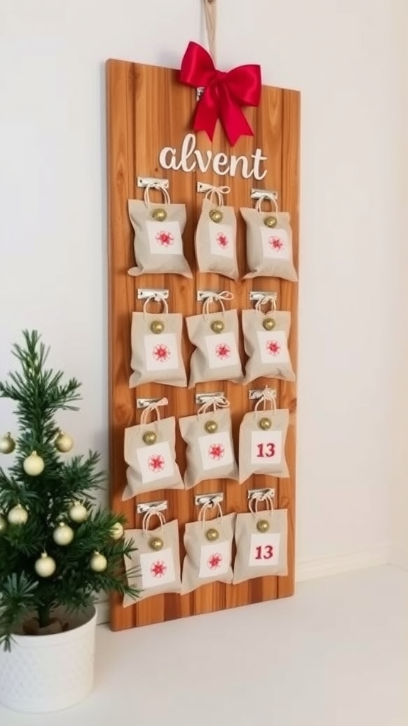 A rustic advent calendar with small bags hanging on a wooden board, decorated with a red bow.