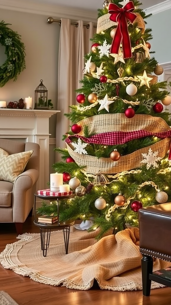 A cozy living room with a decorated Christmas tree featuring a burlap tree skirt, showcasing rustic decorations.