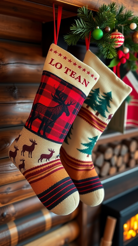 Two rustic Christmas stockings with moose and tree designs hanging by a wooden fireplace.