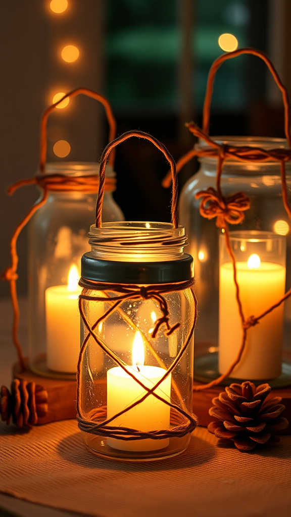 Three rustic candle lanterns made from glass jars, twine, and candles, with pinecones in the foreground.