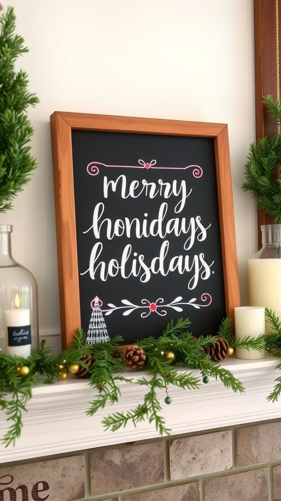 Chalkboard sign saying 'Merry Honidays' with rustic decorations including greenery and candles