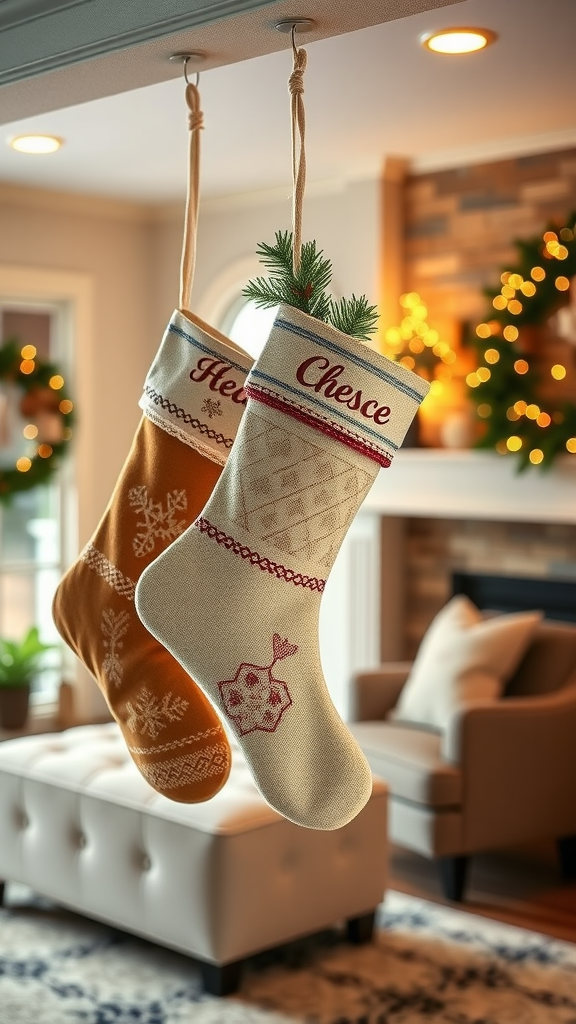 Two rustic Christmas stockings hanging with festive decorations