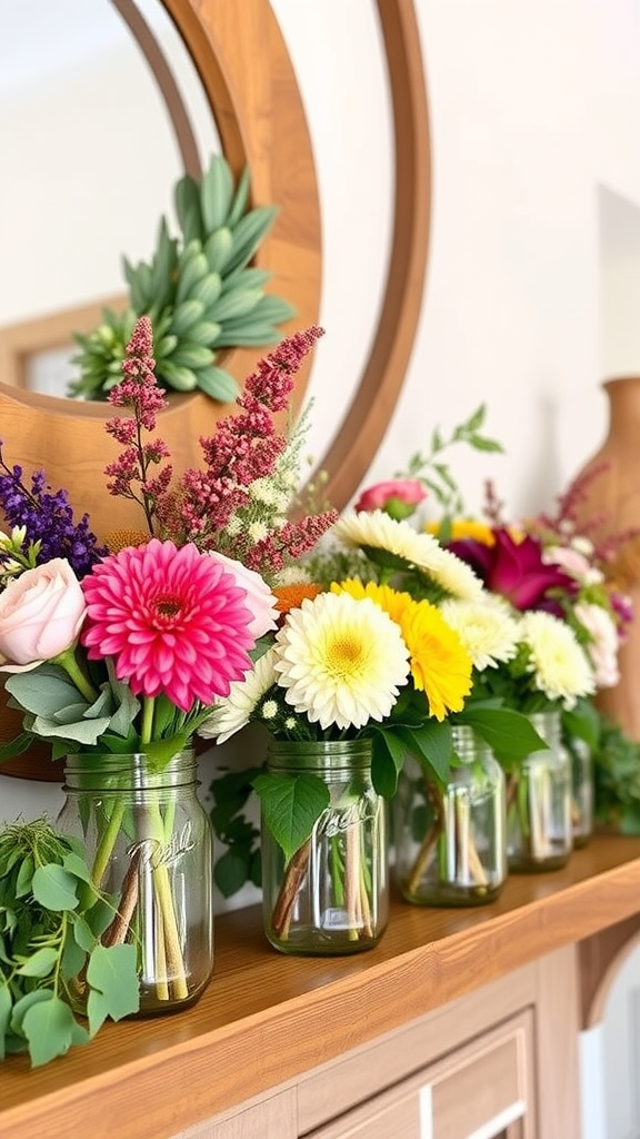 Colorful rustic floral arrangements in mason jars on a wooden mantle.