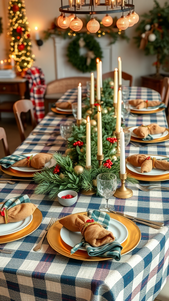 A rustic holiday table setting featuring a plaid tablecloth, golden plate settings, and beautiful greenery.