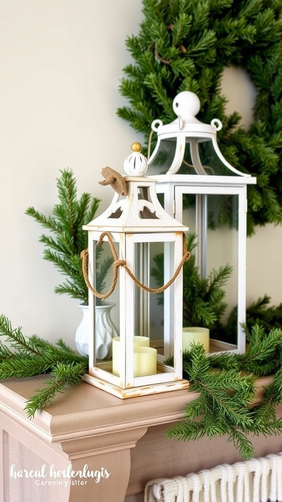 Rustic lanterns with candles beside evergreen branches on a mantle