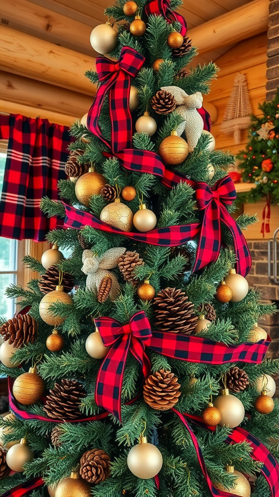 Buffalo plaid Christmas tree decorated with red and black ribbons, gold ornaments, and pine cones.