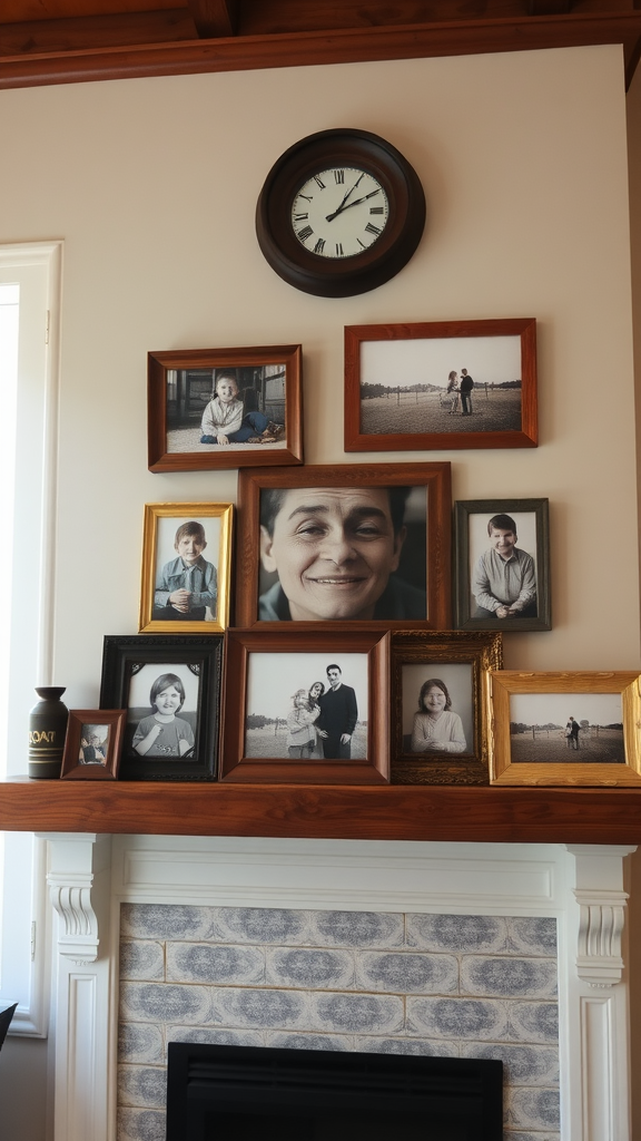 A collage of rustic picture frames displaying family photos above a mantle with a clock