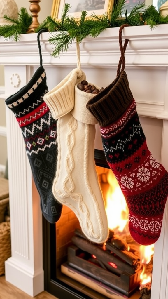 Three rustic stockings made from old sweaters hanging by a fireplace