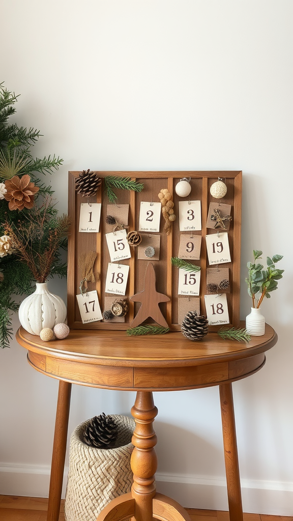 A rustic themed advent calendar with wooden panels and natural decorations on a wooden table.