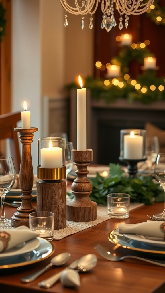 A beautifully set table featuring rustic wood candle holders with flickering candles and elegant tableware.