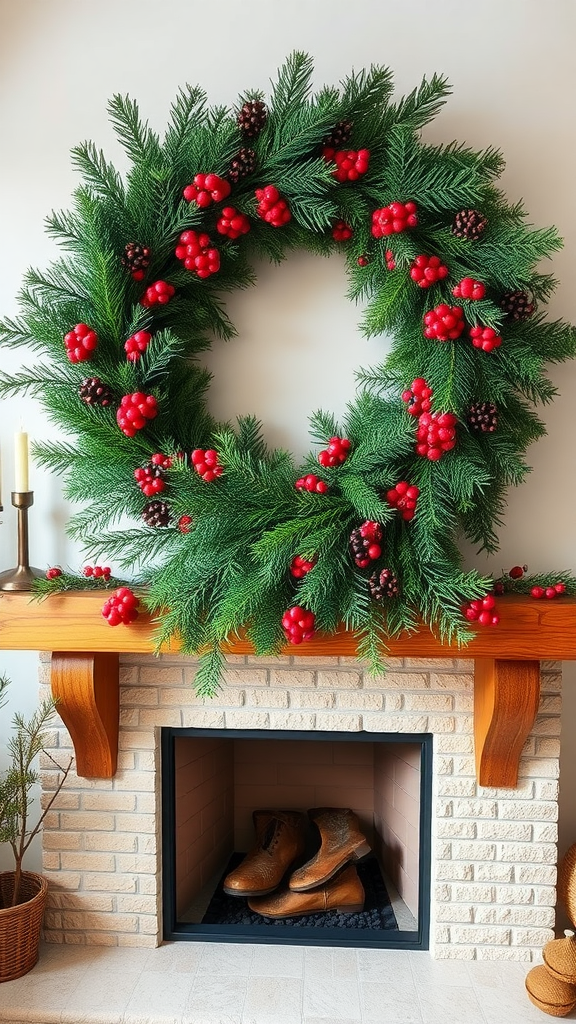 A large rustic wreath made of green pine branches and red berries hanging above a fireplace with vintage boots.