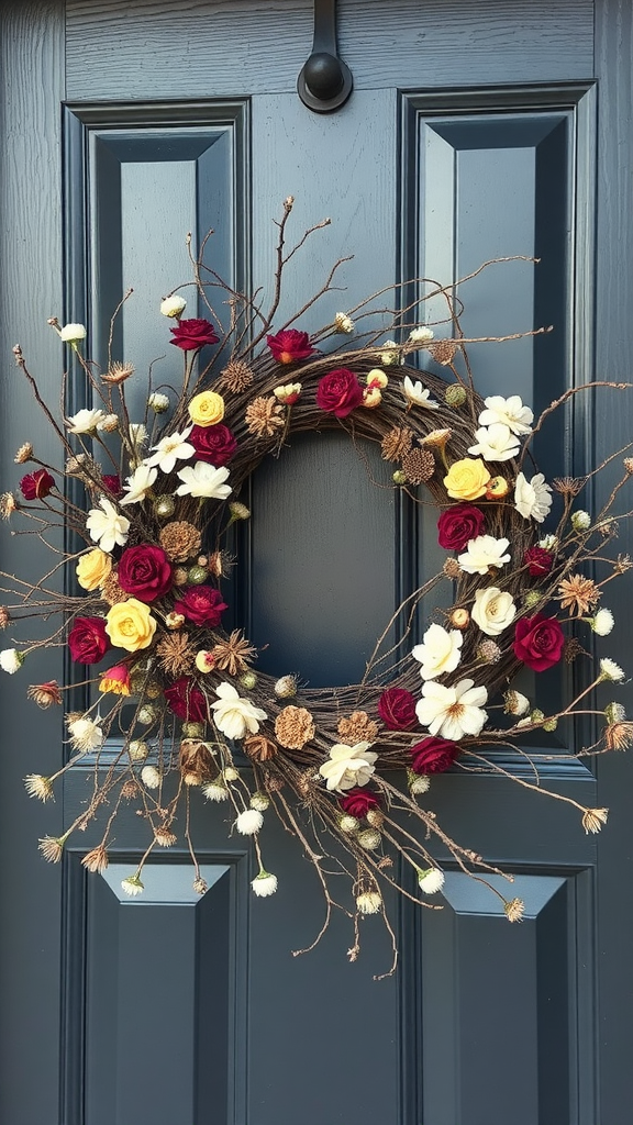 Rustic wreath with dried flowers on a blue door