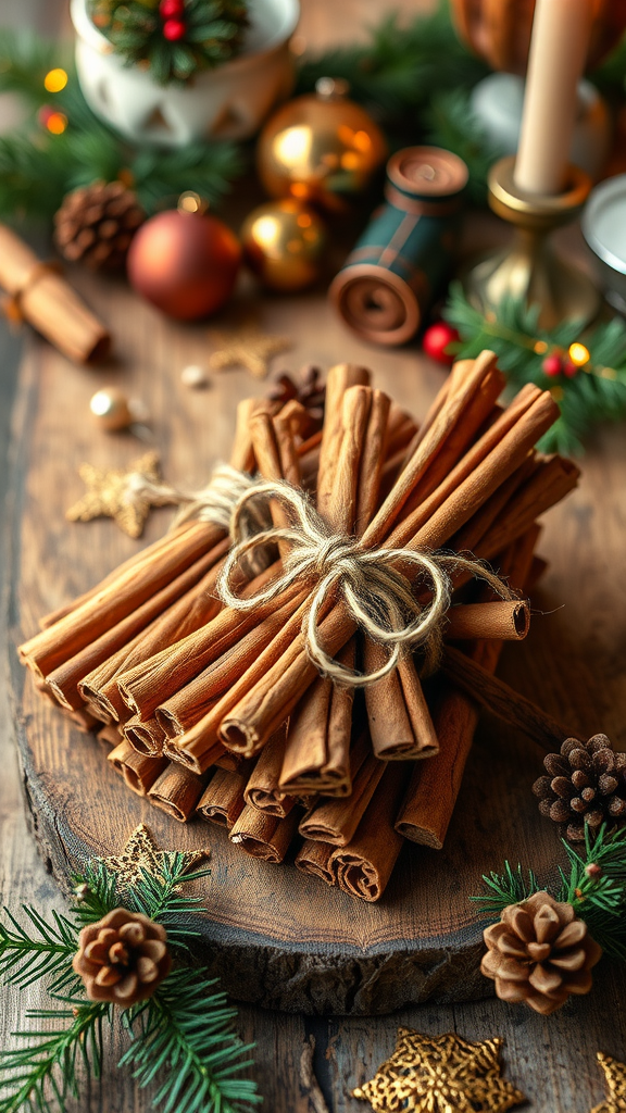 A bundle of cinnamon sticks tied with twine, surrounded by rustic Christmas decorations like pinecones and ornaments.