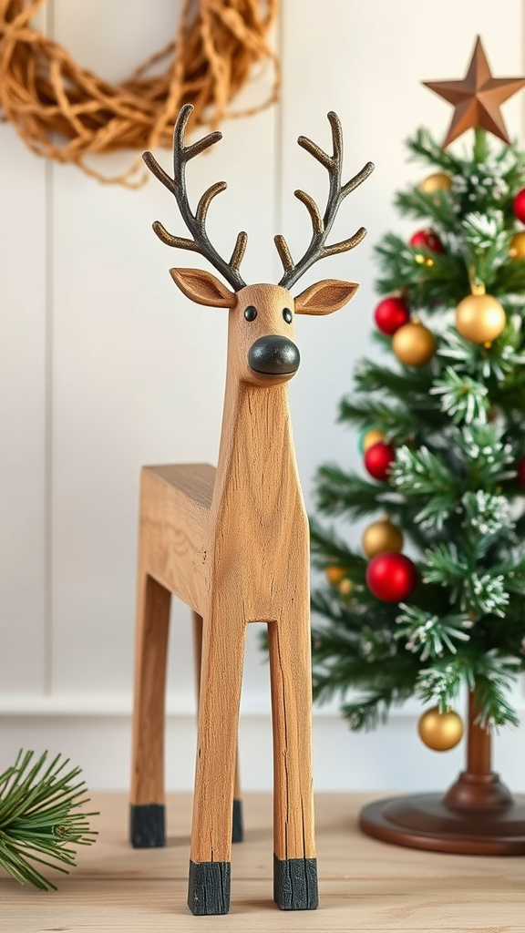 A wooden reindeer decoration next to a small Christmas tree and decorative wreath.