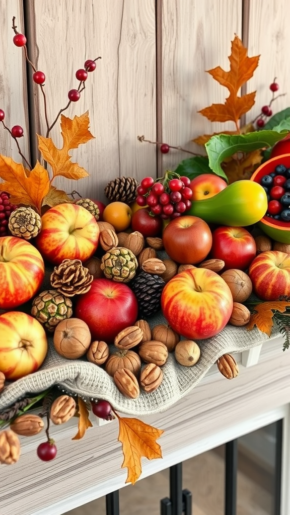 A decorative display of seasonal fruits and nuts on a rustic Christmas mantle, featuring apples, nuts, pine cones, and autumn leaves.