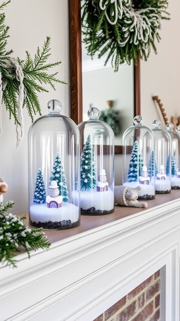 A collection of snowy scene terrariums on a rustic Christmas mantle, featuring miniature trees and cabins.