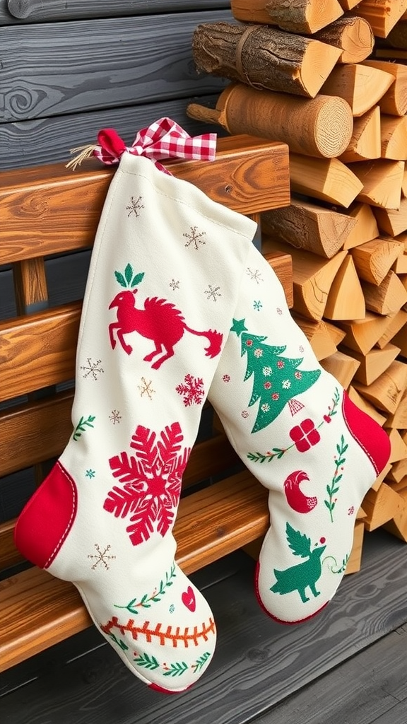 Two stenciled Christmas stockings hanging on a wooden bench with a pile of logs in the background.