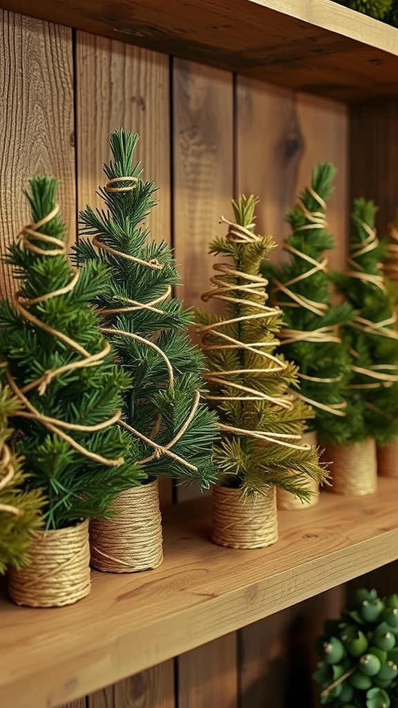 A shelf displaying small, twine-wrapped Christmas trees against a wooden background.