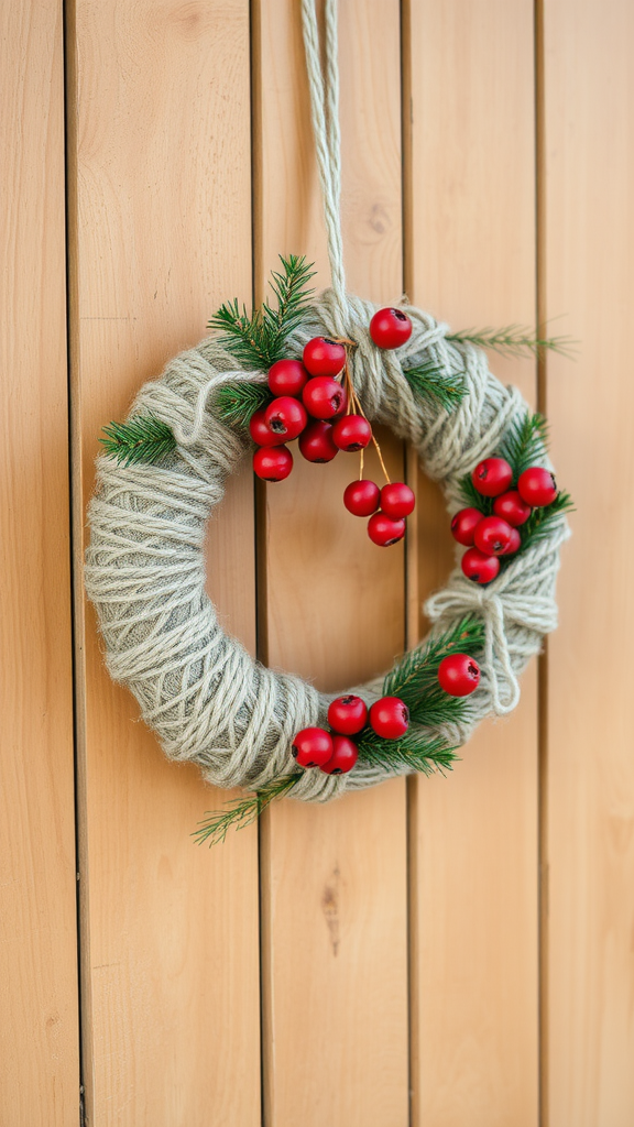 A twine-wrapped Christmas wreath with red berries and green foliage against a wooden background.