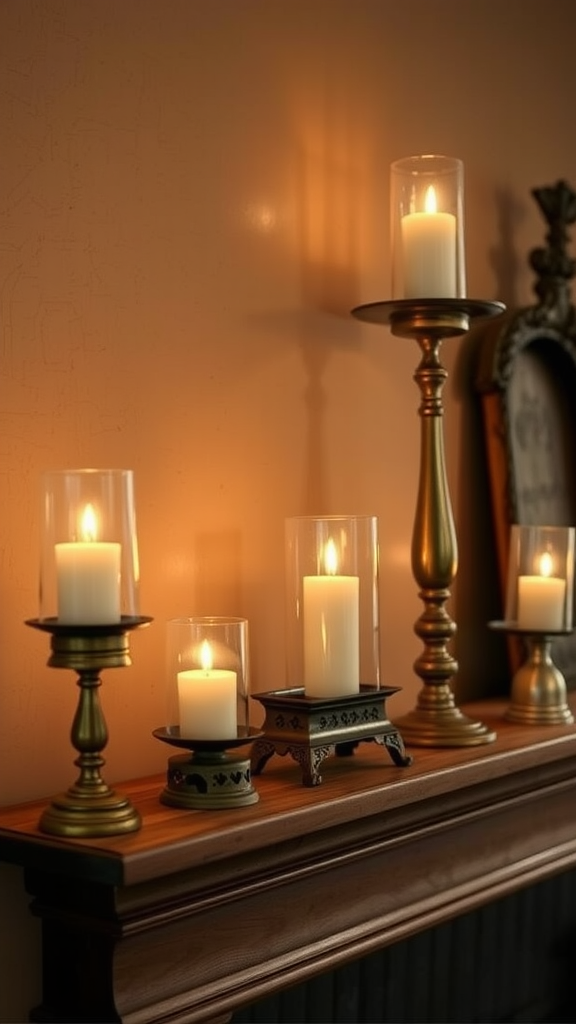 A collection of vintage-inspired candle holders on a wooden mantle, featuring lit candles and warm ambient glow.