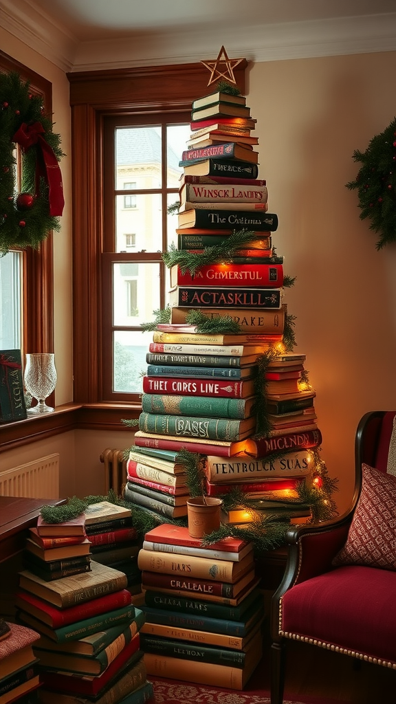 A Christmas tree made of stacked vintage books decorated with lights and greenery.