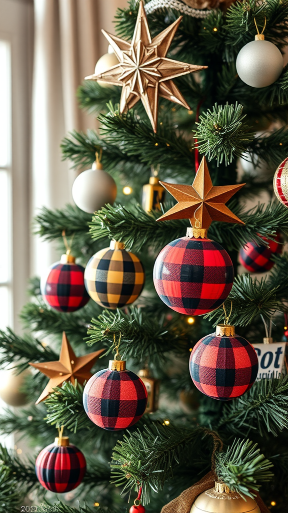 Buffalo plaid ornaments hanging on a Christmas tree