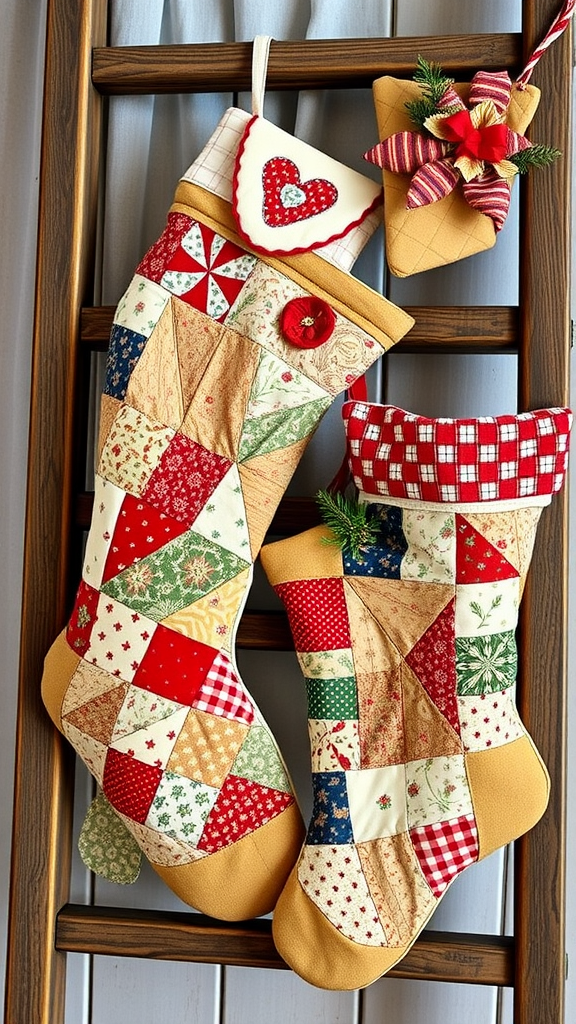 Vintage quilted stockings with a patchwork design hanging on a wooden rack